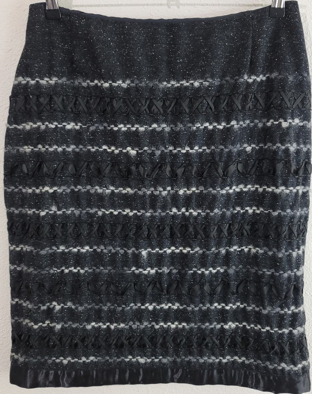 Jodi Black Gray Wool A-Line Skirt 12 Ribbon Details Satin Trim Knee Length Lined